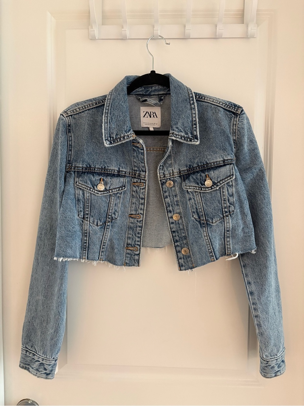 ZARA Blue Cropped Denim Jacket with Raw Hem
